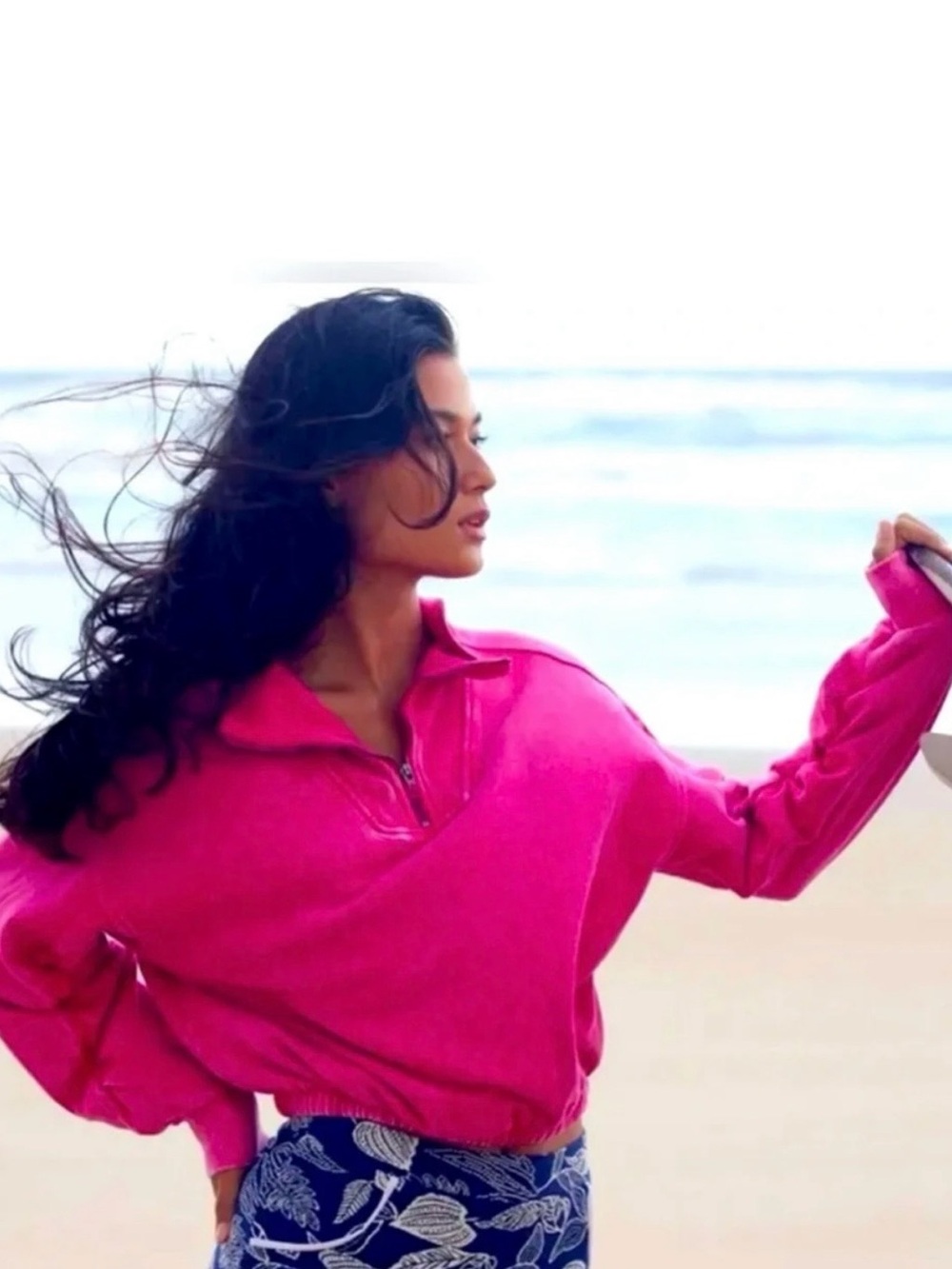 Free People Hot Pink Half-Zip Crew Pullover